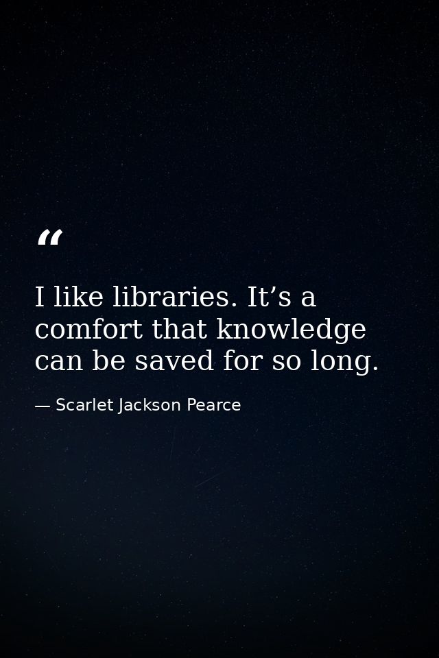 I like libraries. It’s a comfort that knowledge can be saved for so long. — Scarlet Jackson Pearce