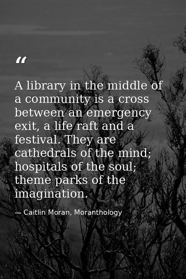 A library in the middle of a community is a cross between an emergency exit, a life raft and a festival. They are cathed — Caitlin Moran, Moranthology