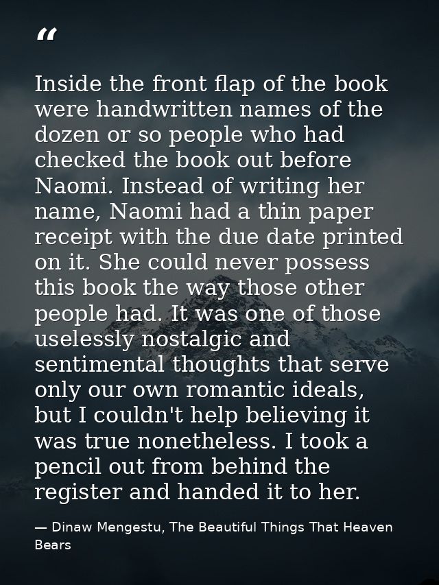 Inside the front flap of the book were handwritten names of the dozen or so people who had checked the book out before N — Dinaw Mengestu, The Beautiful Things That Heaven Bears