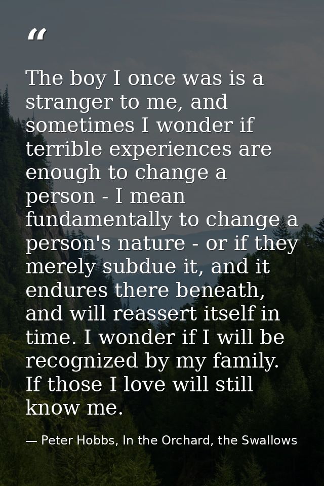The boy I once was is a stranger to me, and sometimes I wonder if terrible experiences are enough to change a person - I — Peter Hobbs, In the Orchard, the Swallows