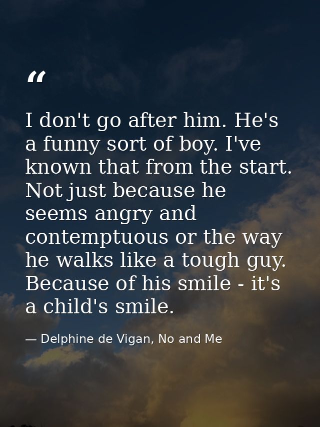 I don't go after him. He's a funny sort of boy. I've known that from the start. Not just because he seems angry and cont — Delphine de Vigan, No and Me