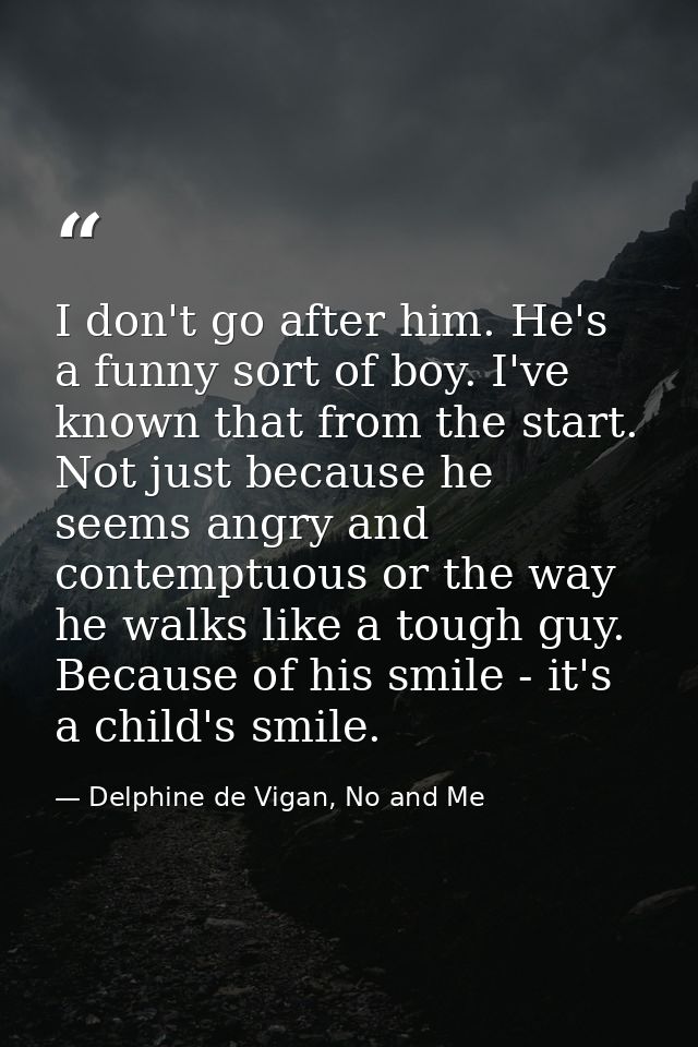 I don't go after him. He's a funny sort of boy. I've known that from the start. Not just because he seems angry and cont — Delphine de Vigan, No and Me