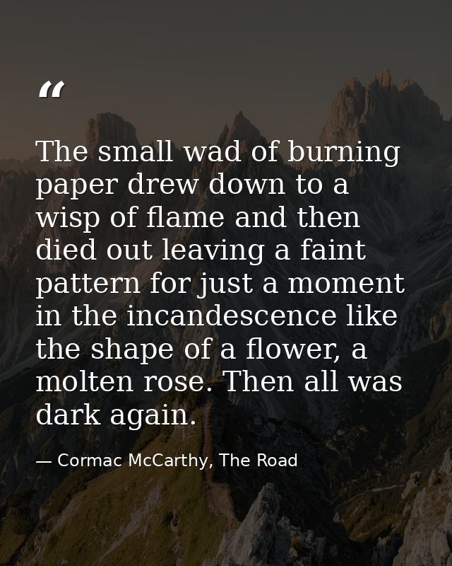 The small wad of burning paper drew down to a wisp of flame and then died out leaving a faint pattern for just a moment  — Cormac McCarthy, The Road