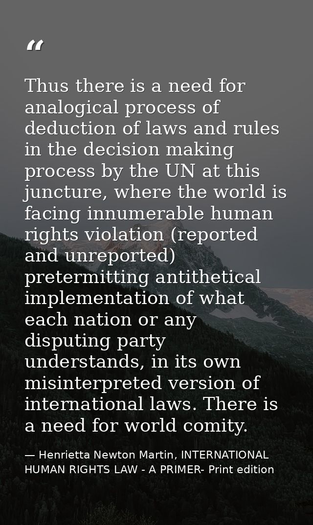 Thus there is a need for analogical process of deduction of laws and rules in the decision making process by the UN at t — Henrietta Newton Martin, INTERNATIONAL HUMAN RIGHTS LAW - A PRIMER- Print edition