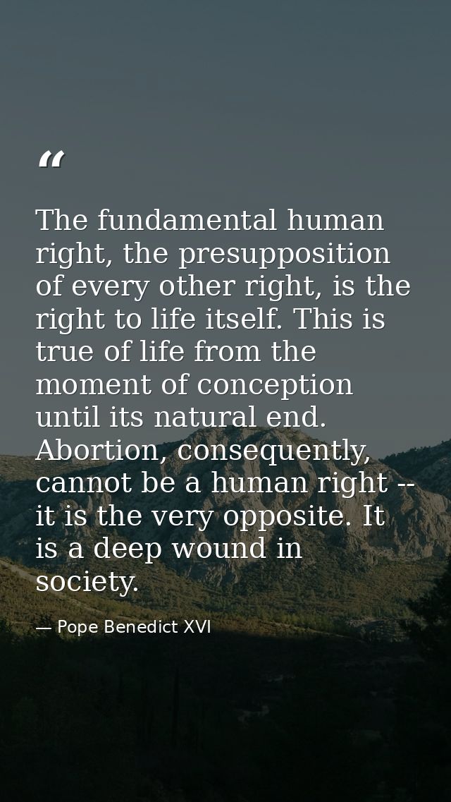 The fundamental human right, the presupposition of every other right, is the right to life itself. This is true of life  — Pope Benedict XVI