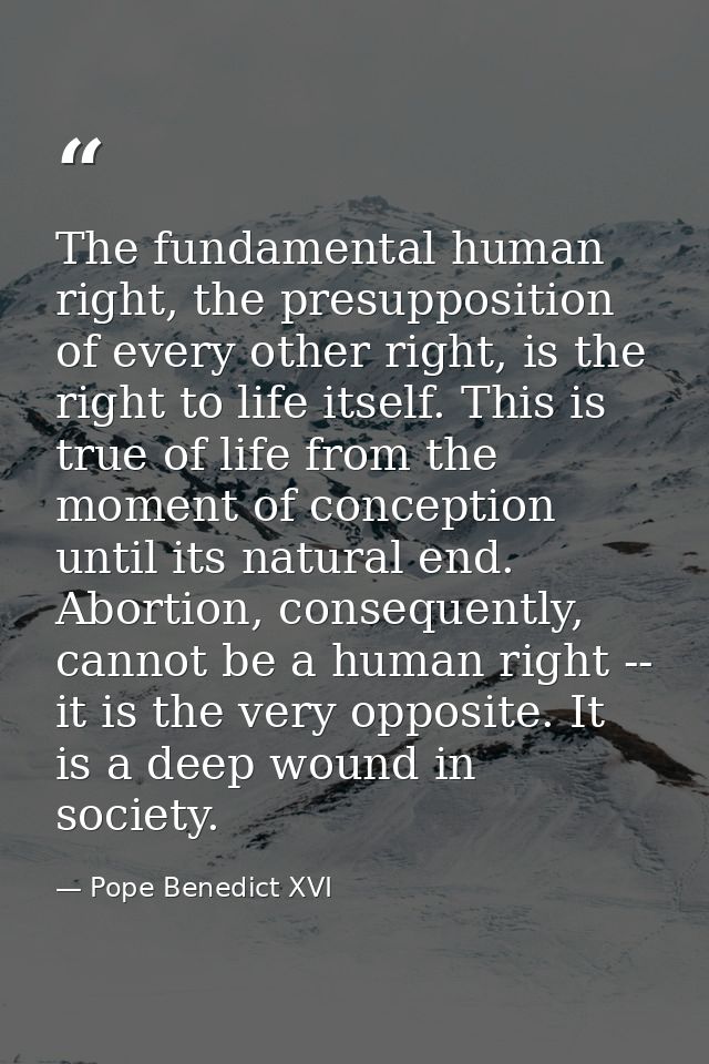 The fundamental human right, the presupposition of every other right, is the right to life itself. This is true of life  — Pope Benedict XVI