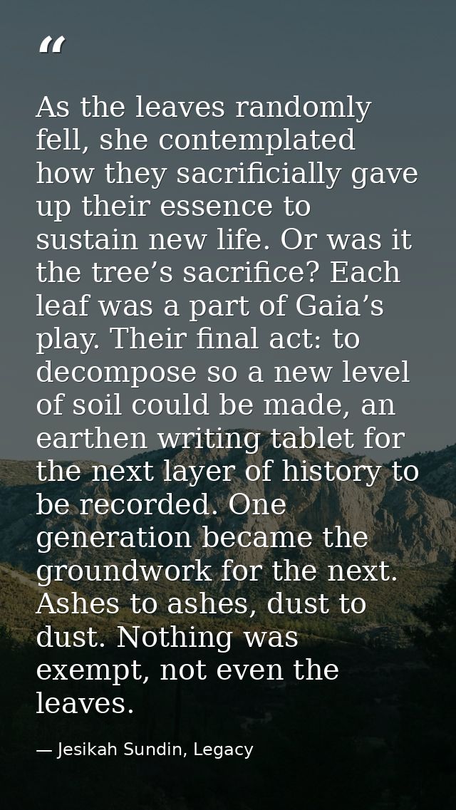 As the leaves randomly fell, she contemplated how they sacrificially gave up their essence to sustain new life. Or was i — Jesikah Sundin, Legacy