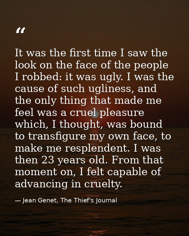 It was the first time I saw the look on the face of the people I robbed: it was ugly. I was the cause of such ugliness,  — Jean Genet, The Thief's Journal
