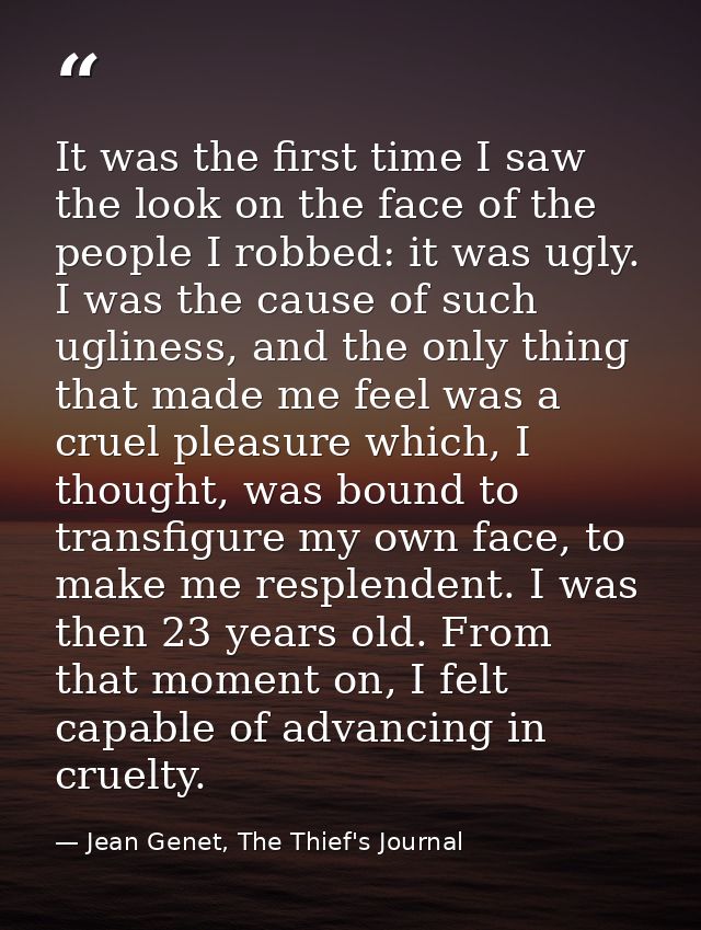 It was the first time I saw the look on the face of the people I robbed: it was ugly. I was the cause of such ugliness,  — Jean Genet, The Thief's Journal