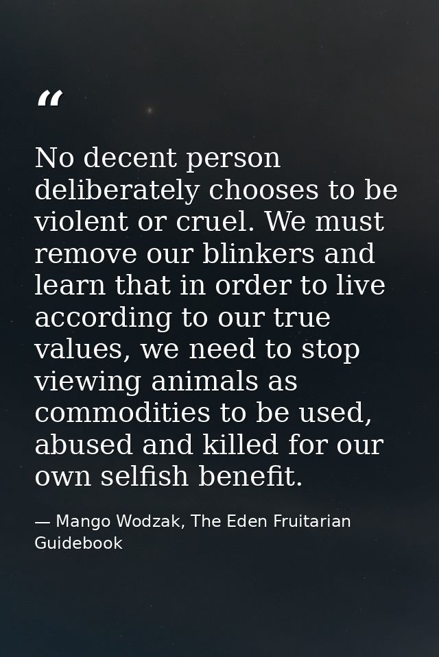 No decent person deliberately chooses to be violent or cruel. We must remove our blinkers and learn that in order to liv — Mango Wodzak, The Eden Fruitarian Guidebook