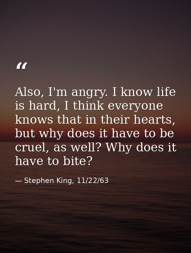 Also, I'm angry. I know life is hard, I think everyone knows that in their hearts, but why does it have to be cruel, as  — Stephen King, 11/22/63
