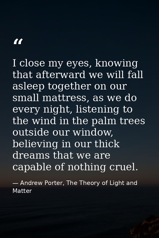 I close my eyes, knowing that afterward we will fall asleep together on our small mattress, as we do every night, listen — Andrew Porter, The Theory of Light and Matter