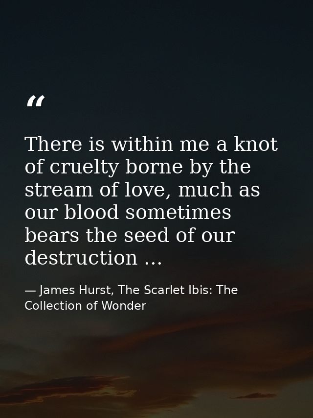 There is within me a knot of cruelty borne by the stream of love, much as our blood sometimes bears the seed of our dest — James Hurst, The Scarlet Ibis: The Collection of Wonder