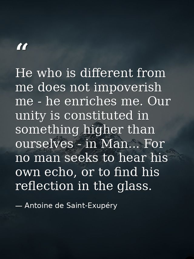 He who is different from me does not impoverish me - he enriches me. Our unity is constituted in something higher than o — Antoine de Saint-Exupéry
