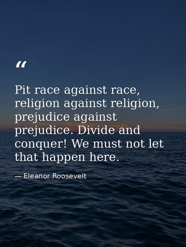 Pit race against race, religion against religion, prejudice against prejudice. Divide and conquer! We must not let that  — Eleanor Roosevelt