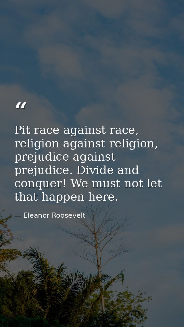 Pit race against race, religion against religion, prejudice against prejudice. Divide and conquer! We must not let that  — Eleanor Roosevelt