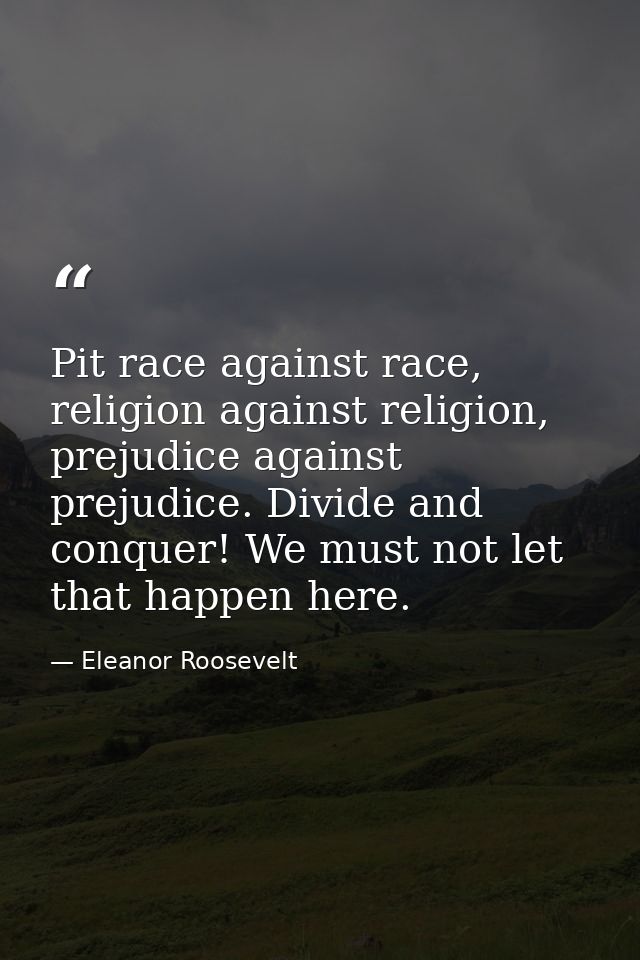 Pit race against race, religion against religion, prejudice against prejudice. Divide and conquer! We must not let that  — Eleanor Roosevelt