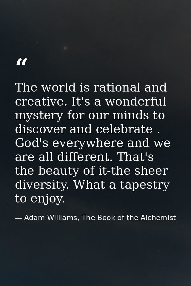 The world is rational and creative. It's a wonderful mystery for our minds to discover and celebrate . God's everywhere  — Adam Williams, The Book of the Alchemist