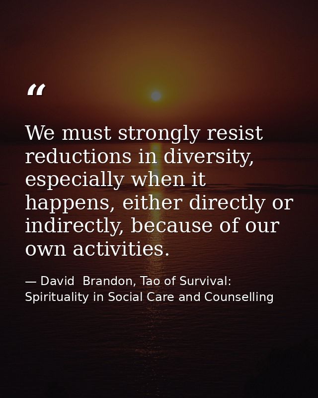 We must strongly resist reductions in diversity, especially when it happens, either directly or indirectly, because of o — David  Brandon, Tao of Survival: Spirituality in Social Care and Counselling