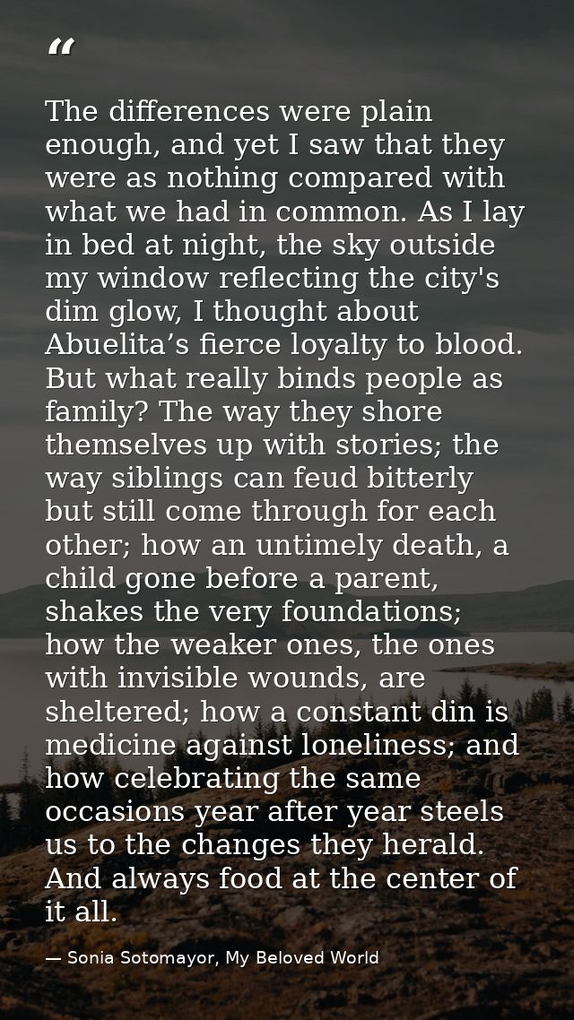 The differences were plain enough, and yet I saw that they were as nothing compared with what we had in common. As I lay — Sonia Sotomayor, My Beloved World