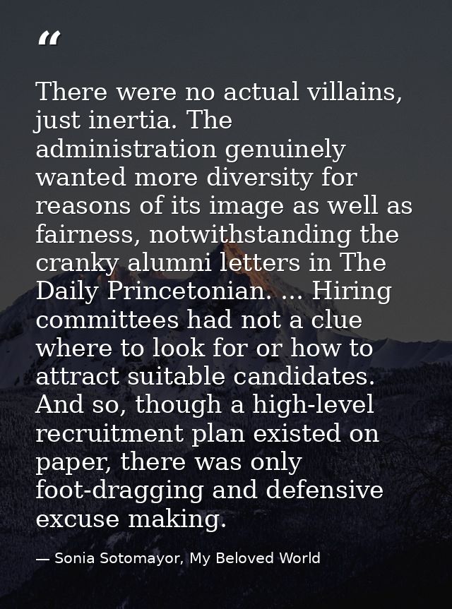There were no actual villains, just inertia. The administration genuinely wanted more diversity for reasons of its image — Sonia Sotomayor, My Beloved World
