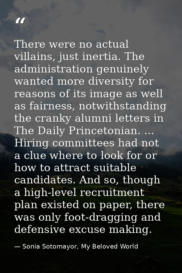 There were no actual villains, just inertia. The administration genuinely wanted more diversity for reasons of its image — Sonia Sotomayor, My Beloved World