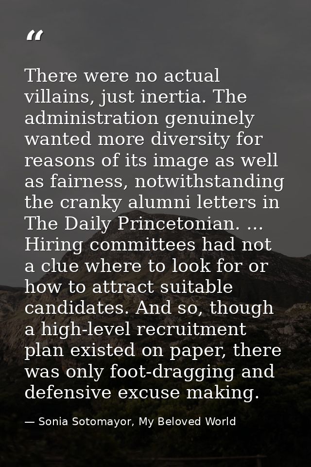 There were no actual villains, just inertia. The administration genuinely wanted more diversity for reasons of its image — Sonia Sotomayor, My Beloved World