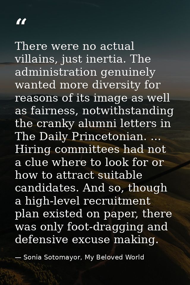 There were no actual villains, just inertia. The administration genuinely wanted more diversity for reasons of its image — Sonia Sotomayor, My Beloved World