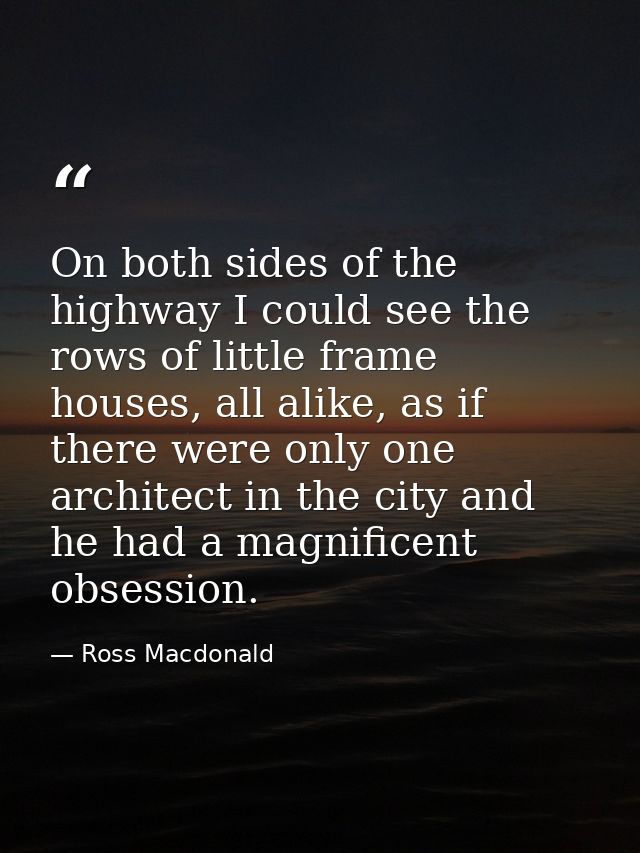 On both sides of the highway I could see the rows of little frame houses, all alike, as if there were only one architect — Ross Macdonald