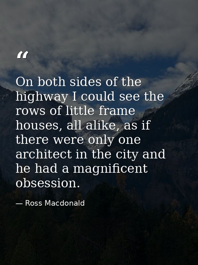 On both sides of the highway I could see the rows of little frame houses, all alike, as if there were only one architect — Ross Macdonald