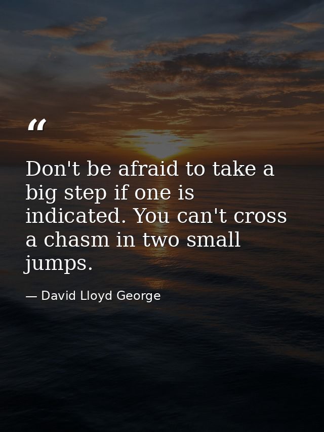 Don't be afraid to take a big step if one is indicated. You can't cross a chasm in two small jumps. — David Lloyd George