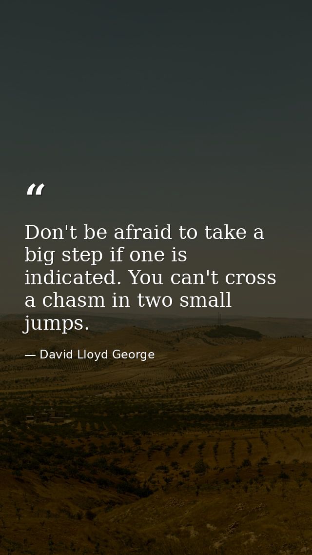 Don't be afraid to take a big step if one is indicated. You can't cross a chasm in two small jumps. — David Lloyd George