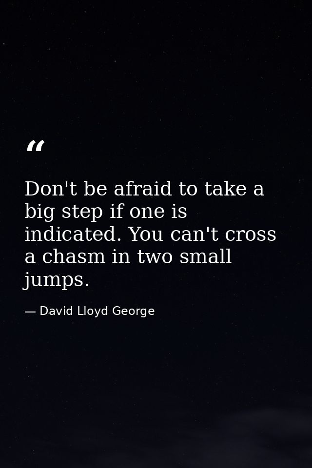 Don't be afraid to take a big step if one is indicated. You can't cross a chasm in two small jumps. — David Lloyd George