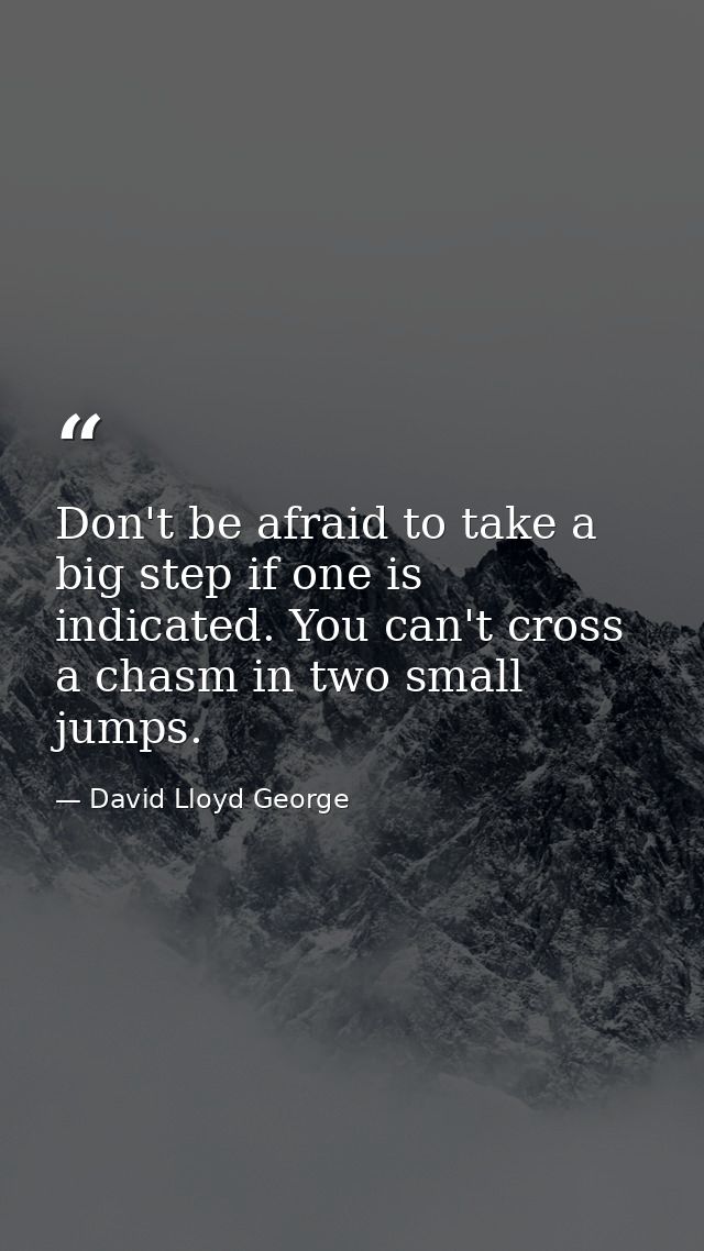 Don't be afraid to take a big step if one is indicated. You can't cross a chasm in two small jumps. — David Lloyd George