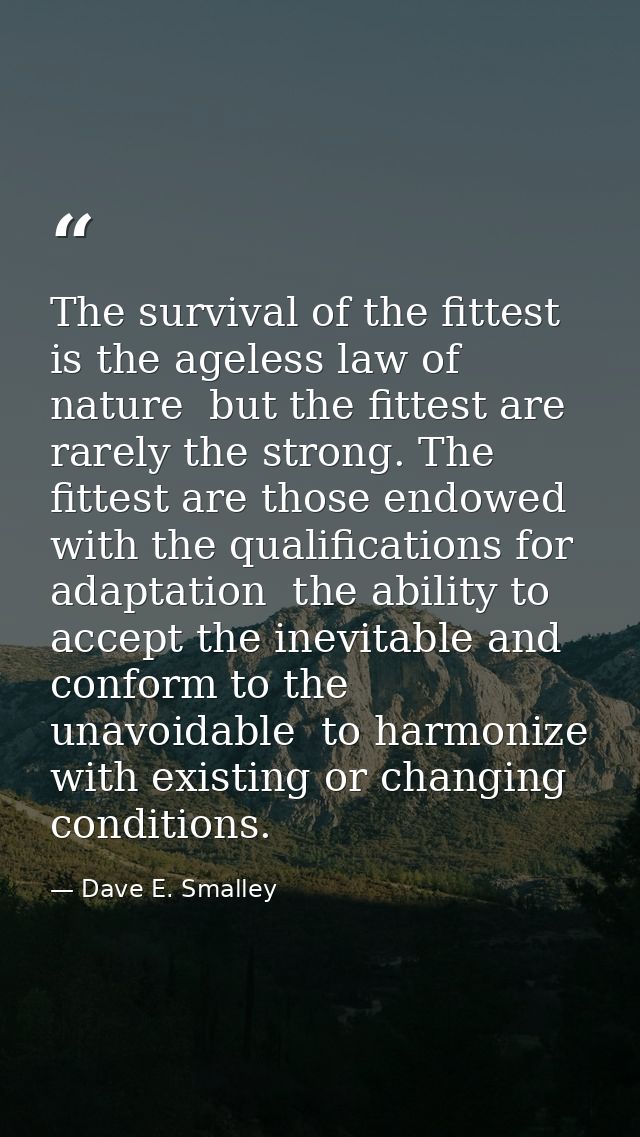 The survival of the fittest is the ageless law of nature  but the fittest are rarely the strong. The fittest are those e — Dave E. Smalley