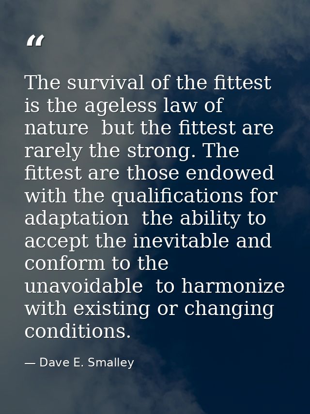 The survival of the fittest is the ageless law of nature  but the fittest are rarely the strong. The fittest are those e — Dave E. Smalley