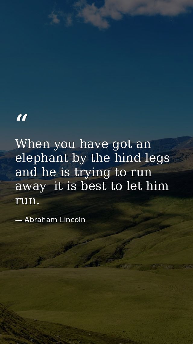 When you have got an elephant by the hind legs and he is trying to run away  it is best to let him run. — Abraham Lincoln