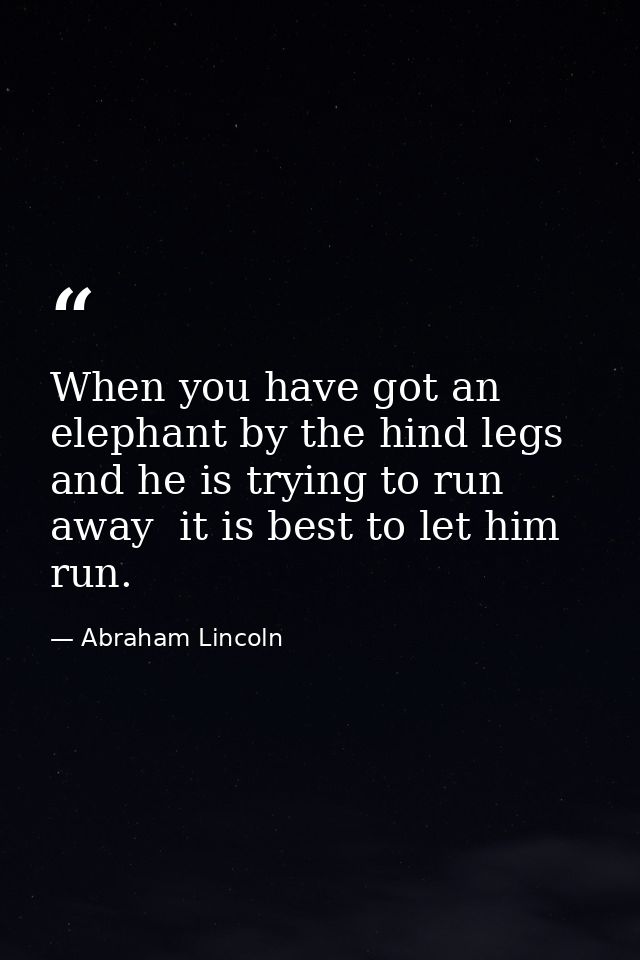 When you have got an elephant by the hind legs and he is trying to run away  it is best to let him run. — Abraham Lincoln