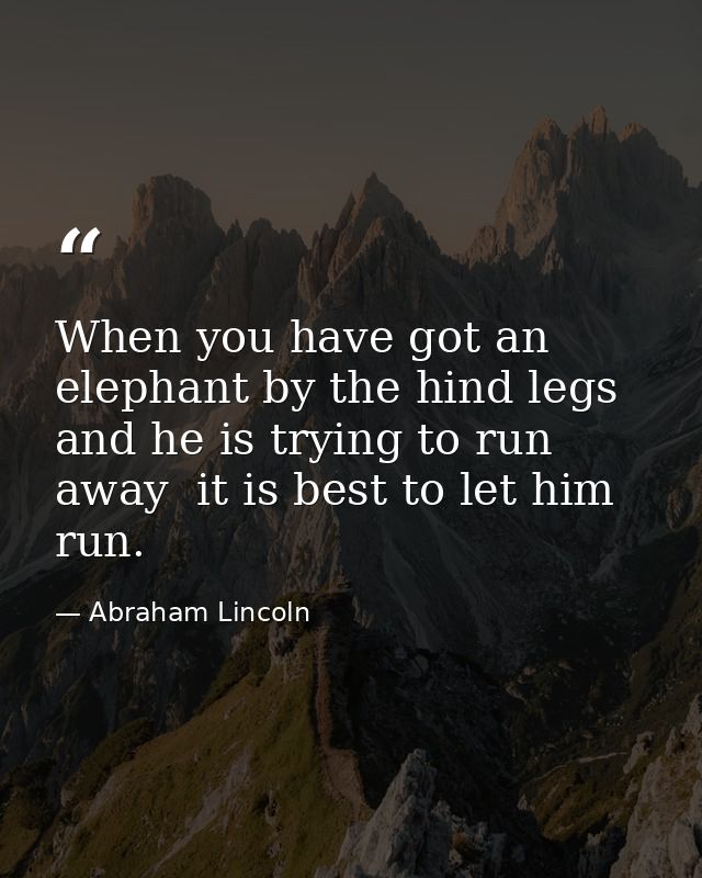 When you have got an elephant by the hind legs and he is trying to run away  it is best to let him run. — Abraham Lincoln