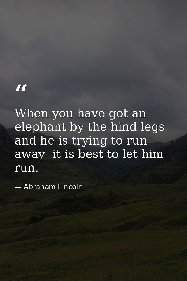 When you have got an elephant by the hind legs and he is trying to run away  it is best to let him run. — Abraham Lincoln