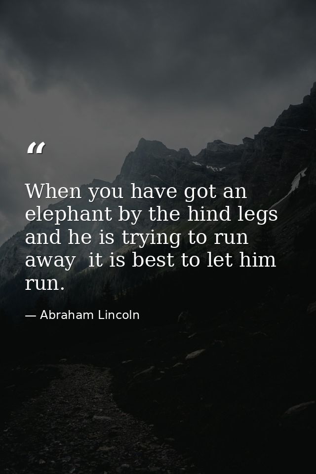 When you have got an elephant by the hind legs and he is trying to run away  it is best to let him run. — Abraham Lincoln