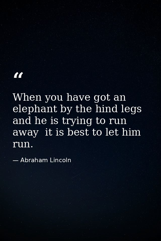 When you have got an elephant by the hind legs and he is trying to run away  it is best to let him run. — Abraham Lincoln