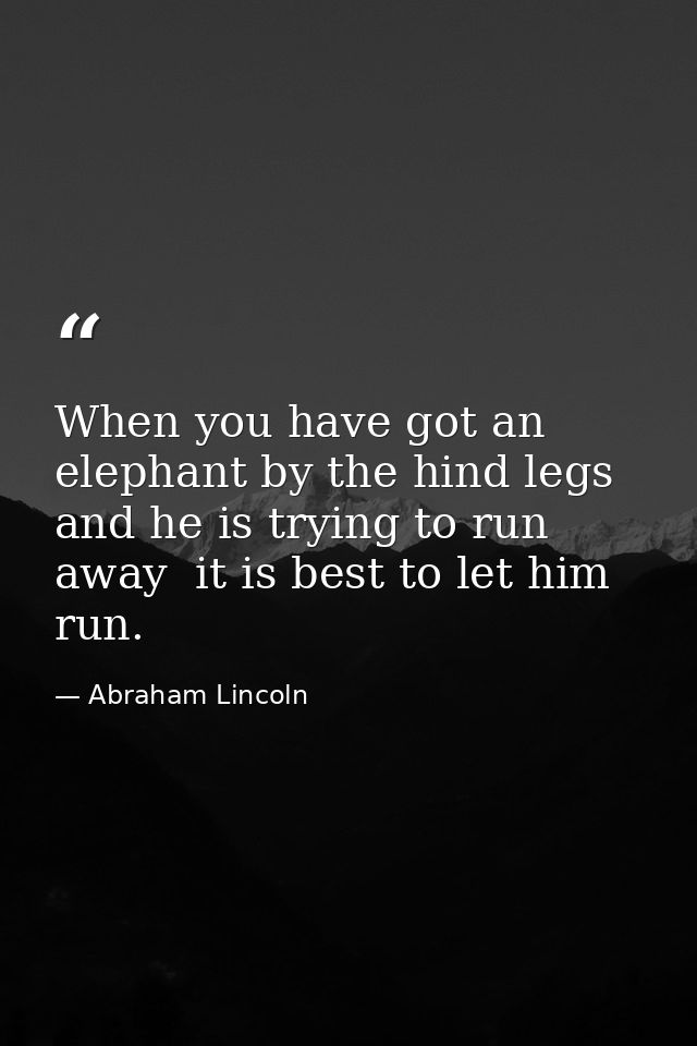 When you have got an elephant by the hind legs and he is trying to run away  it is best to let him run. — Abraham Lincoln