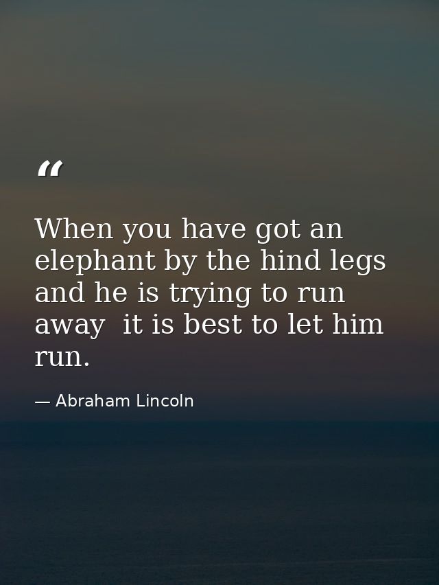 When you have got an elephant by the hind legs and he is trying to run away  it is best to let him run. — Abraham Lincoln