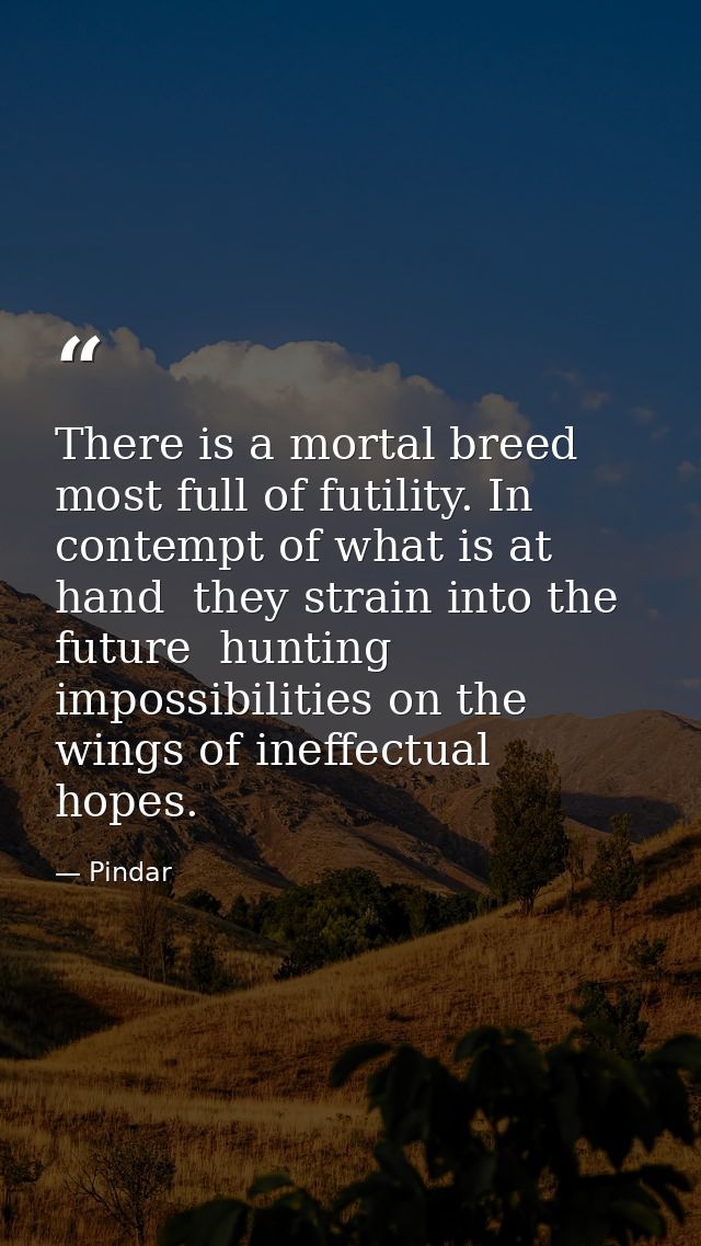 There is a mortal breed most full of futility. In contempt of what is at hand  they strain into the future  hunting impo — Pindar