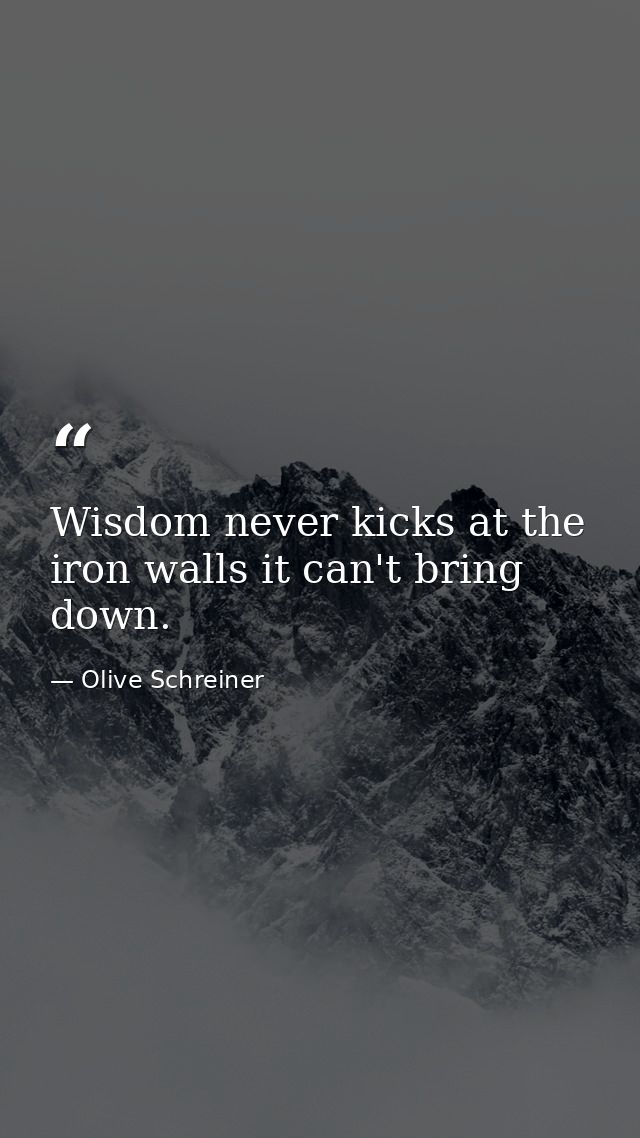 Wisdom never kicks at the iron walls it can't bring down. — Olive Schreiner