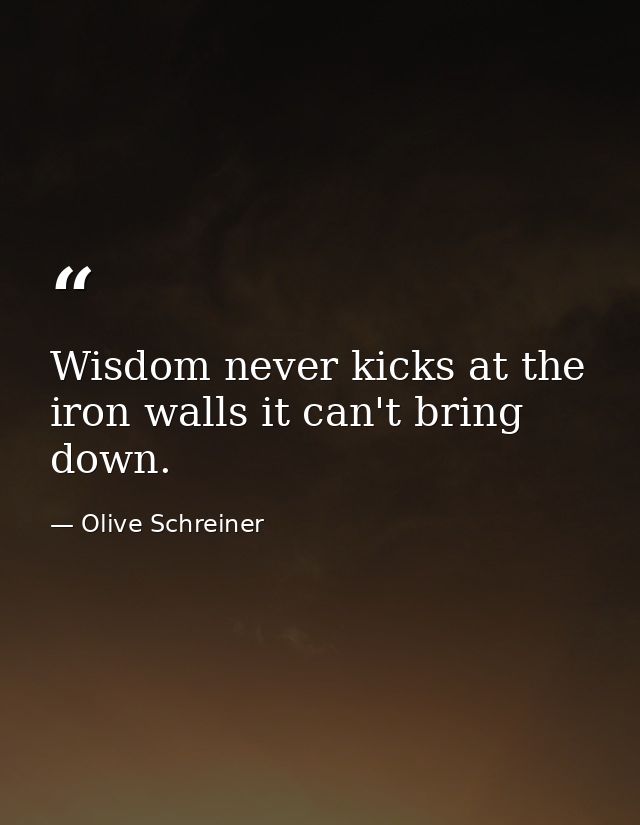 Wisdom never kicks at the iron walls it can't bring down. — Olive Schreiner