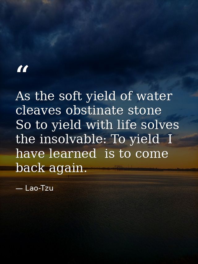 As the soft yield of water cleaves obstinate stone  So to yield with life solves the insolvable: To yield  I have learne — Lao-Tzu