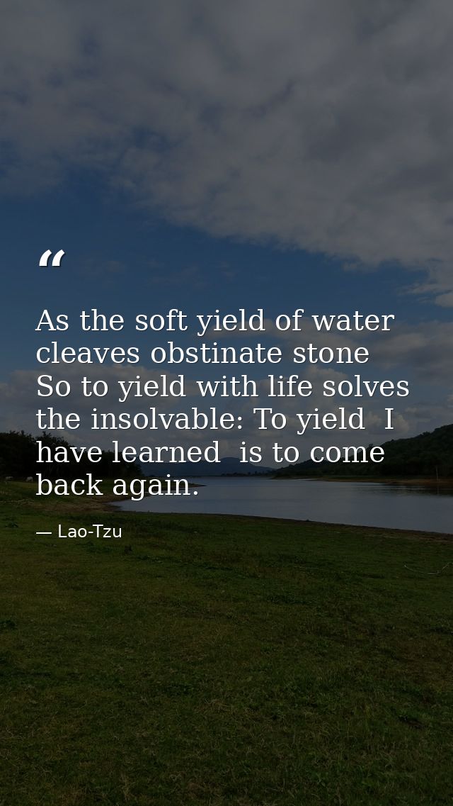 As the soft yield of water cleaves obstinate stone  So to yield with life solves the insolvable: To yield  I have learne — Lao-Tzu