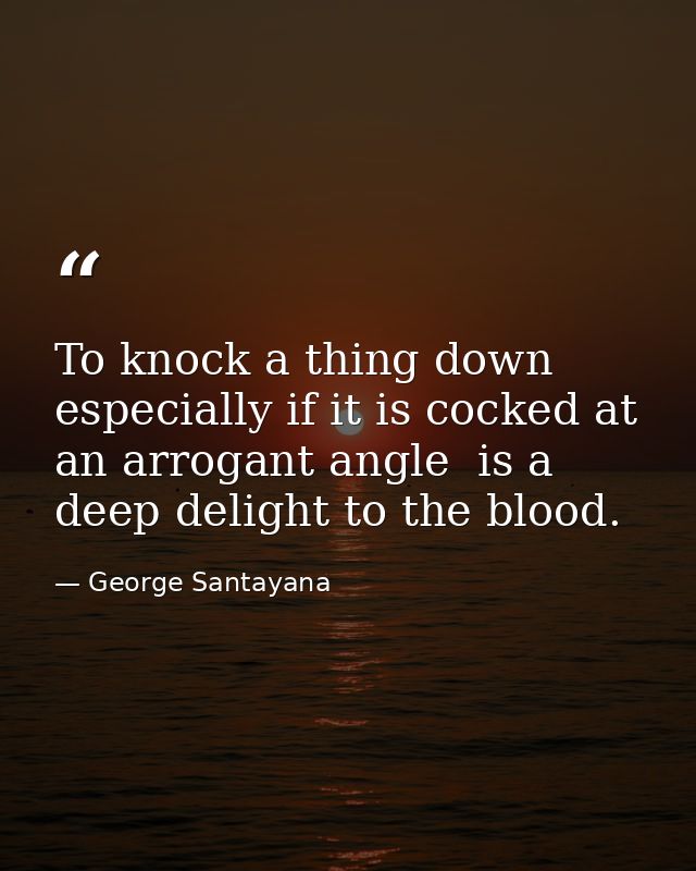 To knock a thing down  especially if it is cocked at an arrogant angle  is a deep delight to the blood. — George Santayana